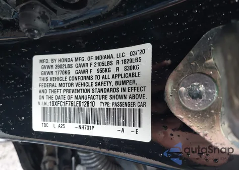 2020 Honda Civic Ex-L из США, поврежденный, VIN 19XFC1F76LE012810